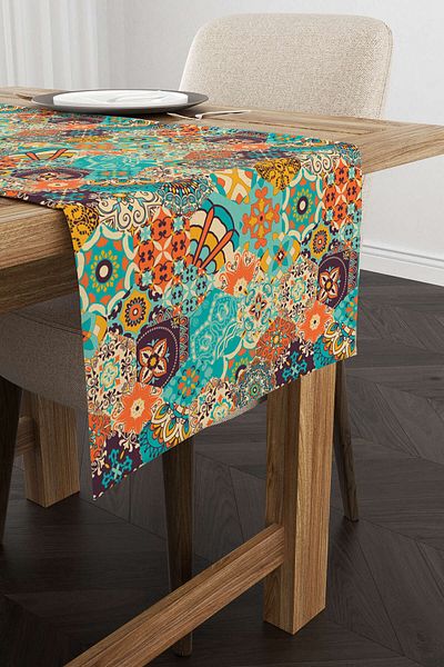Cango Home Portocaliu Albastru Etnic Vintage Model Digital Printed Runner Cgh599-rn