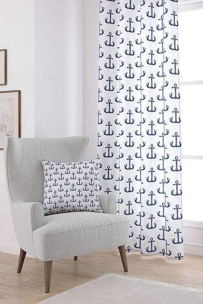 Cango Home White Navy Blue Anchor Patterned Digital Printed Curtain Cgh270-pr