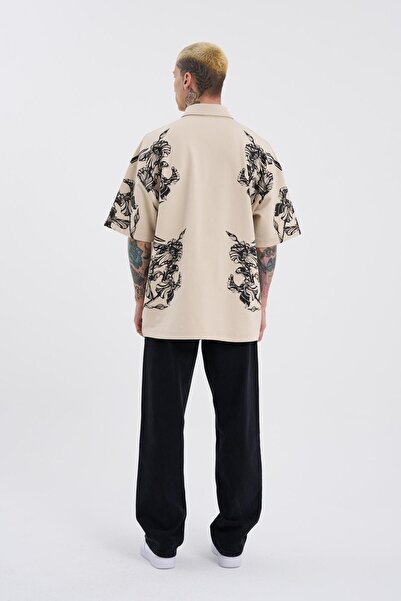 Machinist Ανδρικό μπλουζάκι με λαιμόκοψη σε ανοιχτό μπεζ πόλο - Floral printed