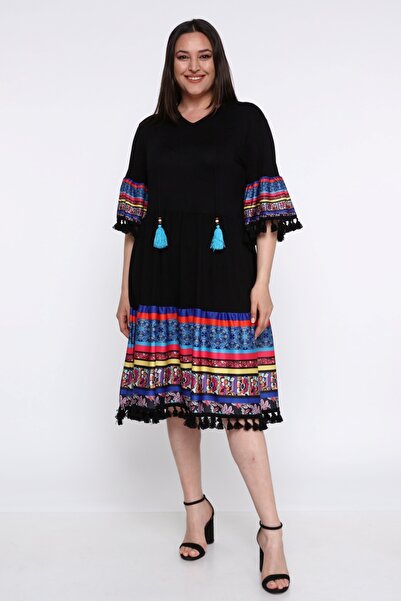 Ebsumu Women's Large Size Colorful Garni and Tassel Detailed Black Dress