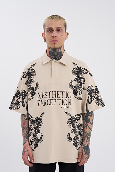 Machinist Ανδρικό μπλουζάκι με λαιμόκοψη σε ανοιχτό μπεζ πόλο - Floral printed