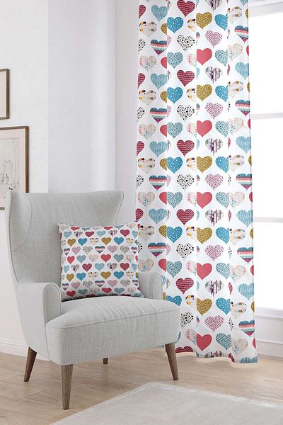 Cango Home White Multicolored Heart Patterned Digital Printed Curtain Cgh1002-pr