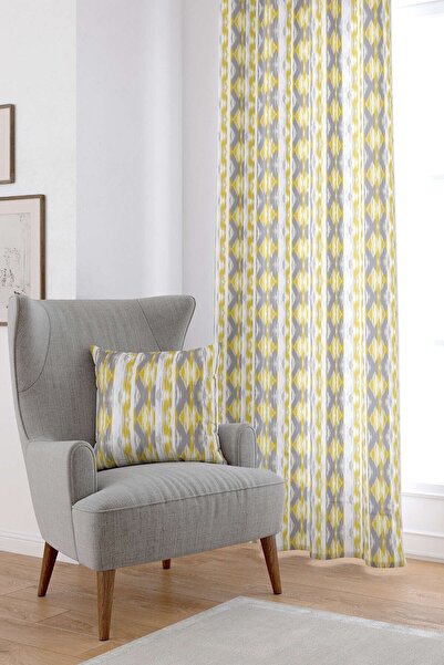Cango Home Sarı Gri Geometrik Dijital Baskılı Perde Cgh073-pr