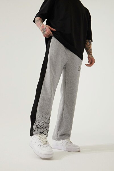 Machinist Ανδρικό παντελόνι Just One Life με τύπωμα oversized από οργανικό βαμβάκι γκρι μελανζέ