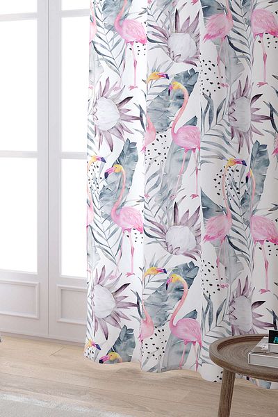Cango Home White Pink Tropical Flamingo Patterned Digital Printed Curtain Otyk610-pr