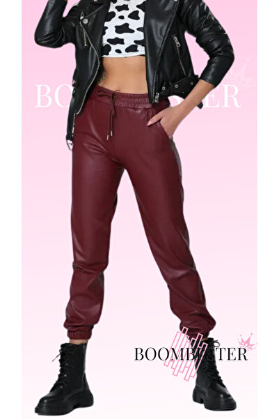 BoomBester Women's Raised (Fleece) Leather Jogger Pants-Lace-Up Waist Elastic Leather Pants