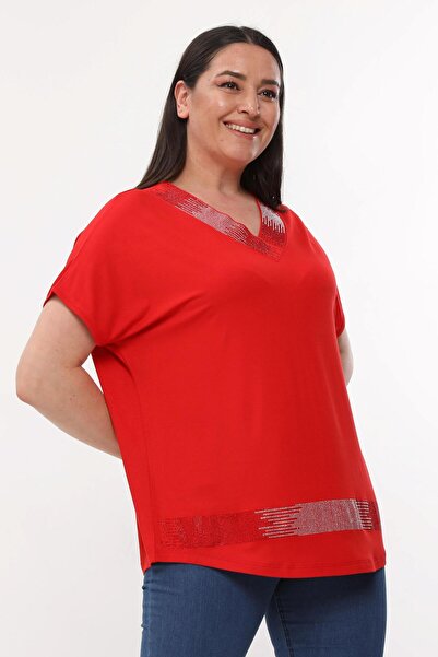 Ebsumu Red Plus Size Women's Blouse with Stone Detail