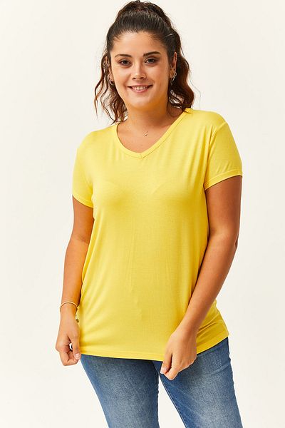 Ebsumu Plus Size Yellow V-Neck Short Sleeve T-Shirt