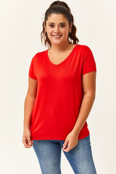 Ebsumu V-Neck Red T-Shirt - Women's Plus Size, Short Sleeve