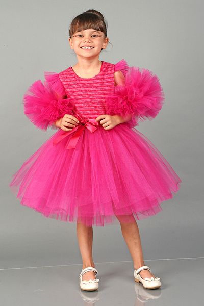 Mixie Fuchsia Pompom Sleeves Tulle Girls' Evening Dress Party Dress