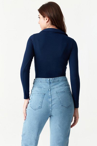 Select Moda Women's Navy Blue Front Drawstring Detailed Ribbed Bottom Snap Bodysuit