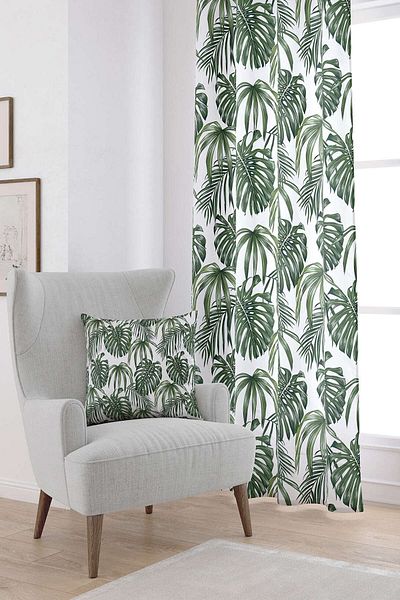 Cango Home White Green Palm Patterned Digital Printed Curtain Otyk784-pr