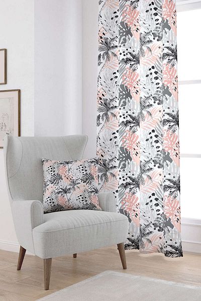 Cango Home Gray Pink Tropical Leaf Patterned Digital Printed Curtain Cgh022-pr