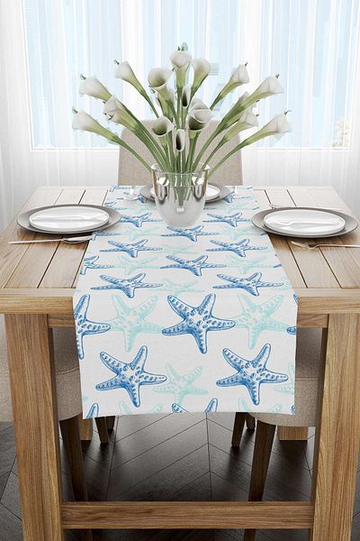 Cango Home Albastru Alb Marin cu tematică stele de mare cu model digital imprimat Runner Cgh631