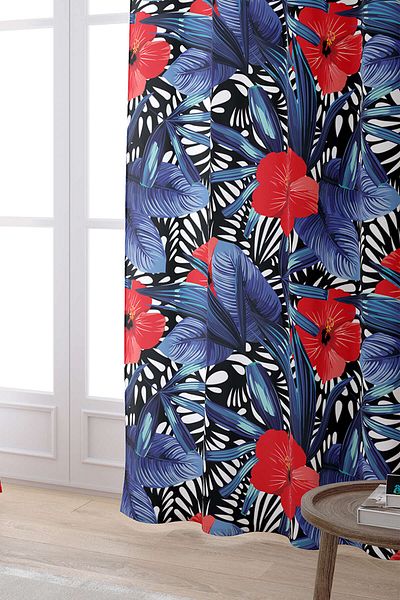 Cango Home Cortina imprimată digitală cu model de flori tropicale albastru roșu Otyk470-pr