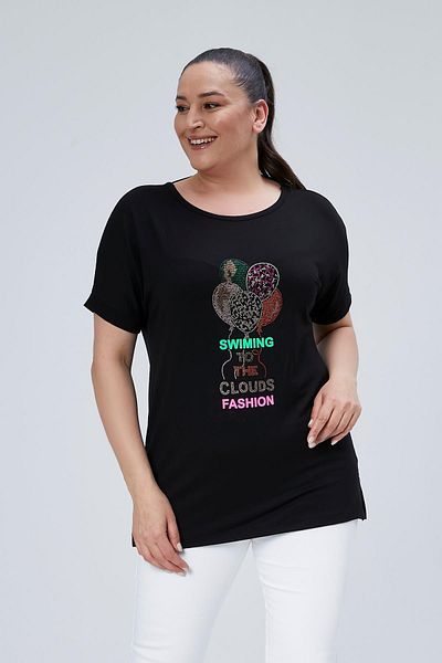 Ebsumu Plus Size Black Blouse - Back Cross Rope Detail and Printed