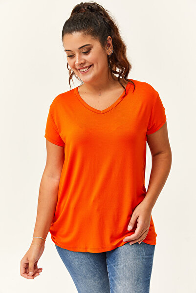 Ebsumu Plus Size V-Neck Orange Basic T-Shirt - Short Sleeve