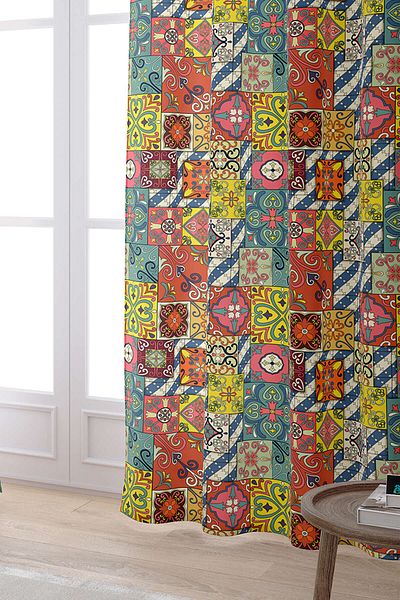 Cango Home Yellow Multicolored Retro Vintage Patterned Digital Printed Curtain Otyk030-pr