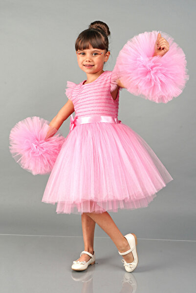 Mixie Pembe Ponpon Kollu Tüllü Kız Çocuk Abiye Parti Elbise