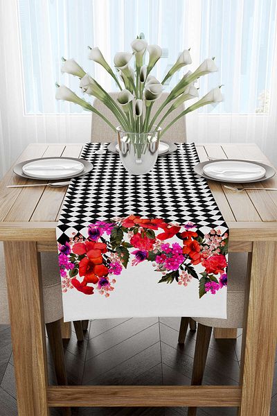 Cango Home Runner cu imprimare digitală cu model floral în carouri alb-negru Cgh1106-rn