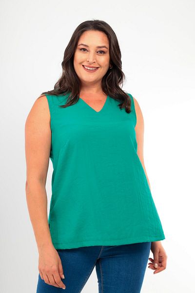 Trend42plus Plus Size V-Neck Slit Detailed Sleeveless Green Blouse