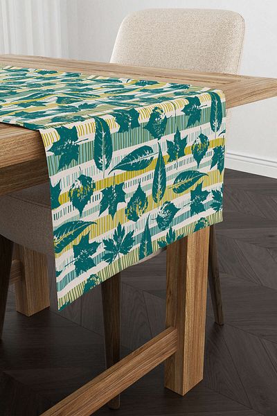 Cango Home Albastru Verde Frunze Decorative Model Imprimate Digital Runner Cgh1196-rn