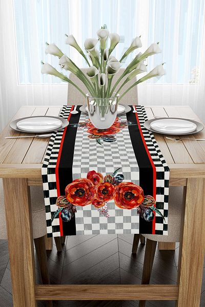 Cango Home Roșu Negru În carouri Motiv Floral Imprimat Digital Runner Cgh1048-rn