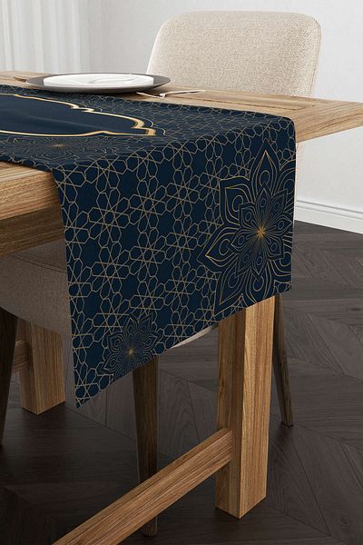 Cango Home Navy Blue Yellow Ramadan Themed Decorative Patterned Digital Printed Runner Cgh1295-2-rn