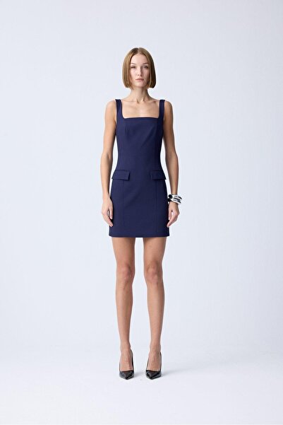 rue Kare Yaka Lacivert Mini Elbise