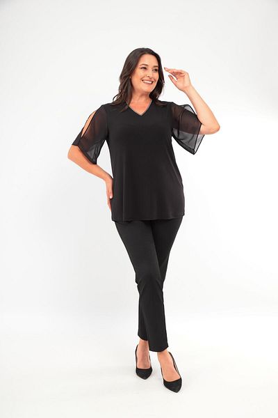 SERTUĞ V-Neck Jewelled Striped Black Blouse - Plus Size, Chiffon and Slit