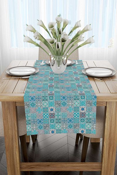 Cango Home Albastru Gri Motiv Ramadan Model Decorativ Imprimat Digital Runner Cgh1331-rn