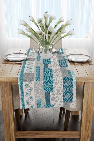 Cango Home Runner cu model etnic gri turcoaz - Cgh114-rn