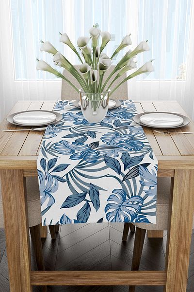 Cango Home Runner cu model frunze tropicale albastre și albe - Cgh020-rn