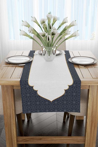 Cango Home Navy Blue White Ramadan Themed Decorative Patterned Digital Printed Runner Cgh1307-2-rn