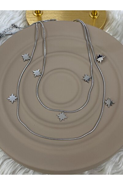 YASİN TOPÇU Çelik Silver Gümüş Renk Çoklu Yıldız Görünüm Ikili Kolye 45cm