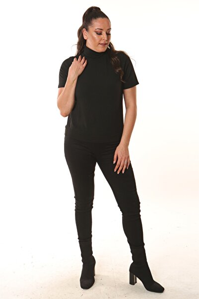 Trend42plus Turtleneck Short Sleeve Black Knitwear Blouse