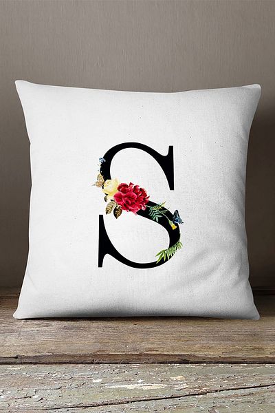 INSENSE HOME Husă de pernă din catifea Babyface, cu două fețe, cu flori roșii, cu litere - Litera S
