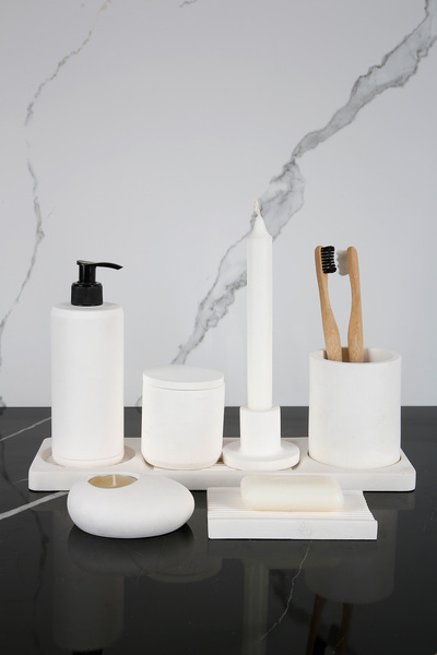 betonmall Σετ μπάνιου από σκυρόδεμα 8 τεμαχίων Διανομέας σαπουνιού συμπαγούς υγρού Θήκη οδοντόβουρτσας Κηροπήγιο Δίσκος παρουσίασης Βαμβακερό κουτί