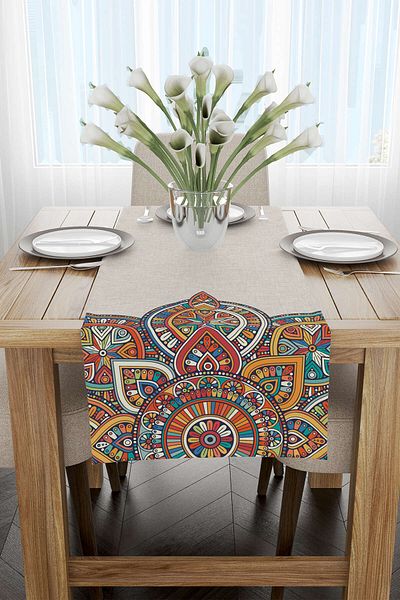 Cango Home Κρέμα πολύχρωμο Ραμαζάνι με θέμα Mandala με μοτίβο ψηφιακής εκτύπωσης Runner Cgh1290-rn