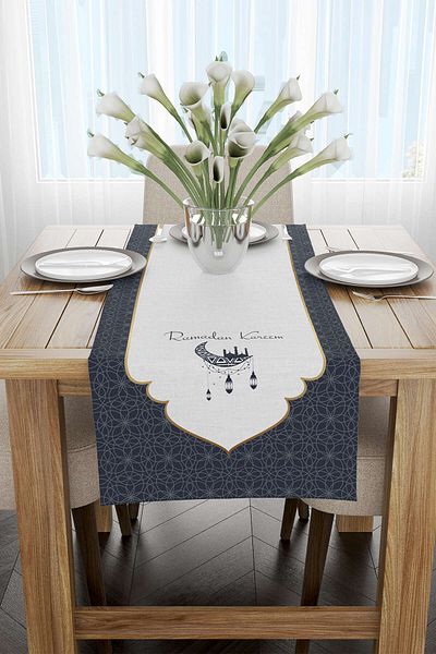 Cango Home Navy Blue White Ramadan Themed Decorative Patterned Digital Printed Runner Cgh1307-rn