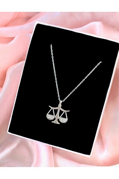 Alaja Silver Terazi Sembolü Beyaz Taşlı Gümüş Rengi Parlak Tasarım 925 Ayar Gümüş Kolye