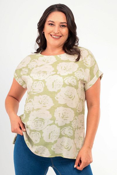 Trend42plus Plus Size Patterned Low Sleeve Basic Green Blouse