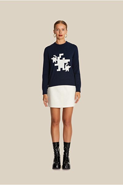 rue Світло-синій трикотажний светр з візерунком на передній частині та круглим вирізом