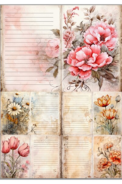 Hiras Dizayn Vintage Retro Çiçek Desenli Yatay A4 Mektup Kağıdı 10 adet Resim...