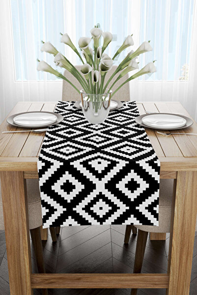Cango Home Siyah Beyaz Geometrik Baklava Desenli Dijital Baskılı Runner - Otyk555-rn