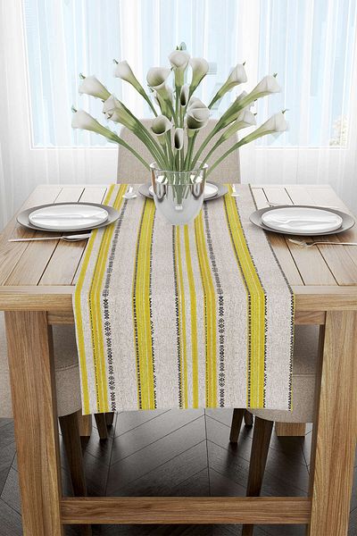 Cango Home Yellow Cream Ethnic Striped Patterned Digital Printed Runner Cgh942-rn