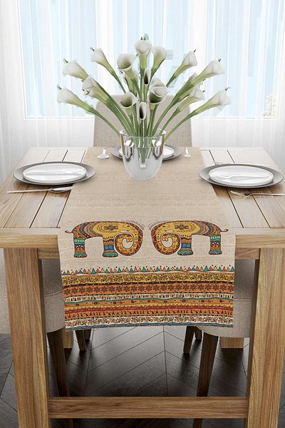 Cango Home Κρεμ Ethnic μοτίβο ελέφαντα με ψηφιακή εκτύπωση Runner -cgh1264-rn