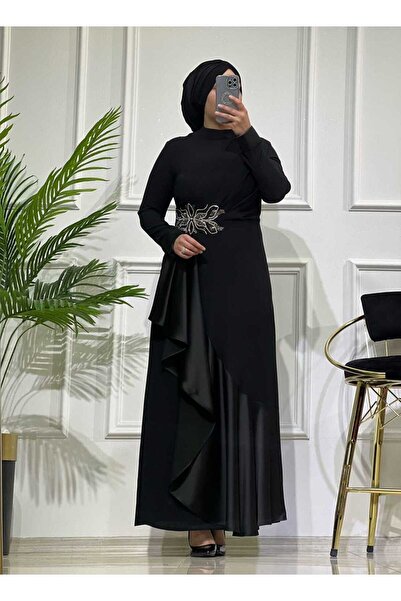 masalabiyem 2712 K150 فستان أسود بحزام حجري وتفاصيل مكشكشة