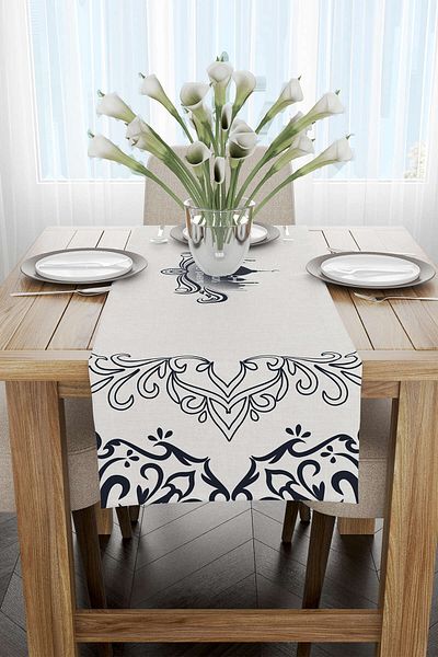 Cango Home Navy Blue Gray Ramadan Themed Decorative Patterned Digital Printed Runner Cgh1305-rn