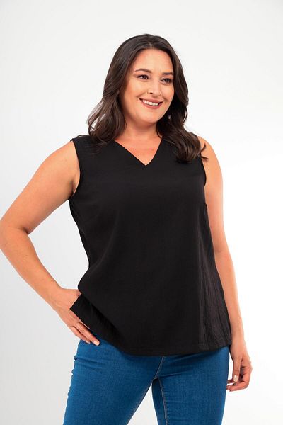 Trend42plus Plus Size V-Neck Slit Detailed Sleeveless Black Blouse